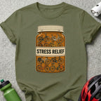 T-shirt graphic of a pill bottle filled with bicycles labeled "STRESS RELIEF".