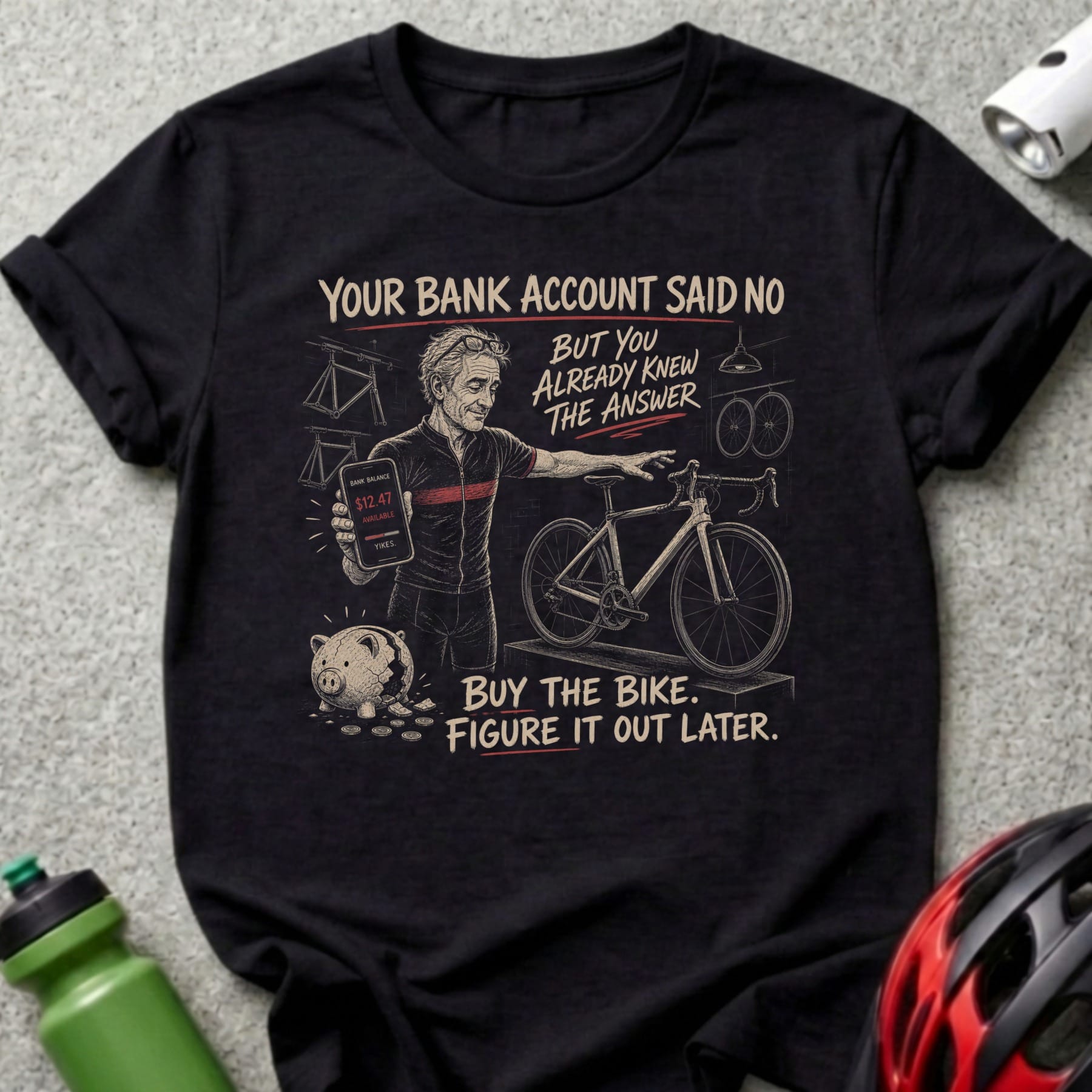T-shirt with illustration of a man, bike, piggy bank, and text about buying a bike.
