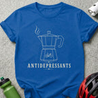 Blue t-shirt with white line art of a moka pot and bicycle, "ANTIDEPRESSANTS" text.