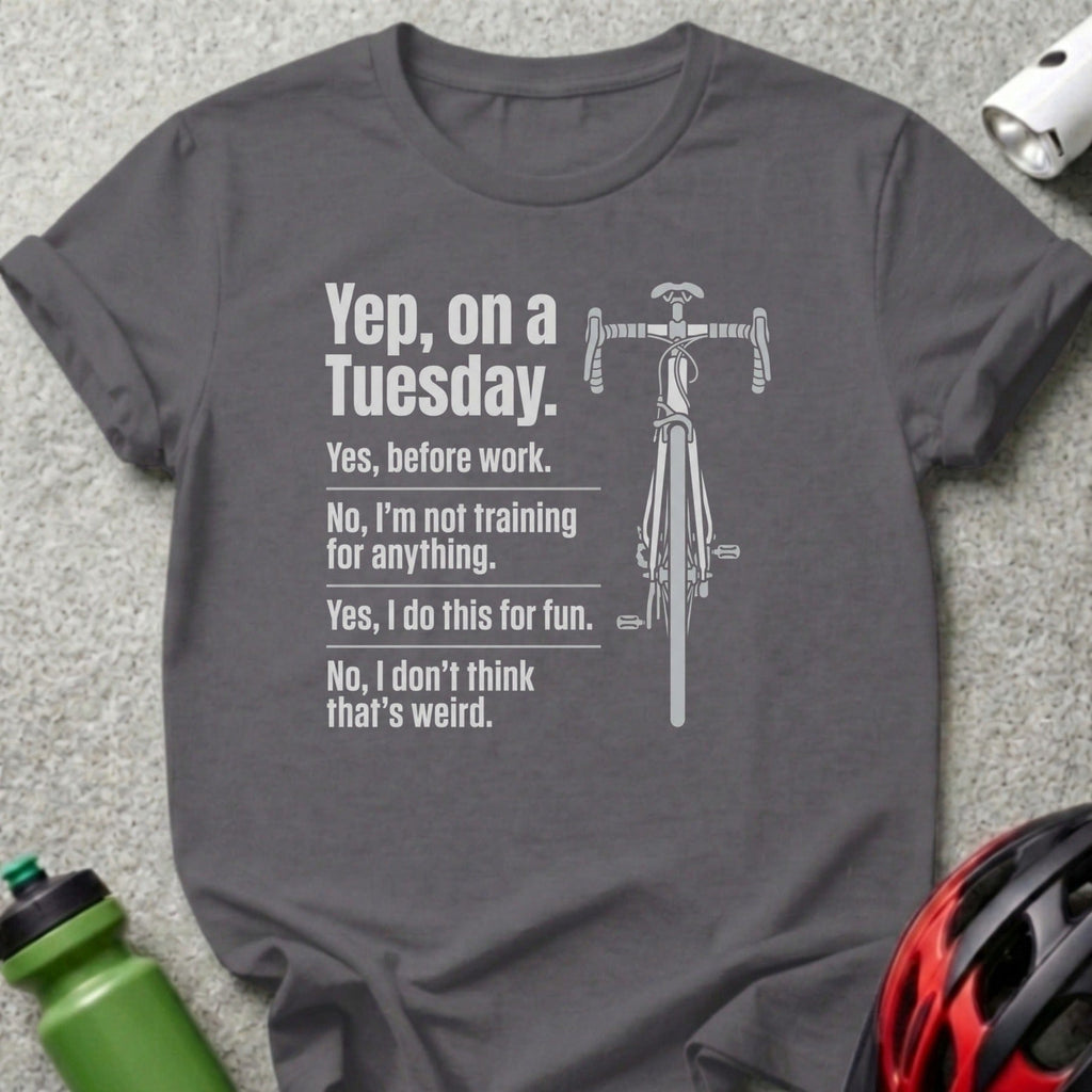 Grey t-shirt with bicycle graphic and text about Tuesdays.