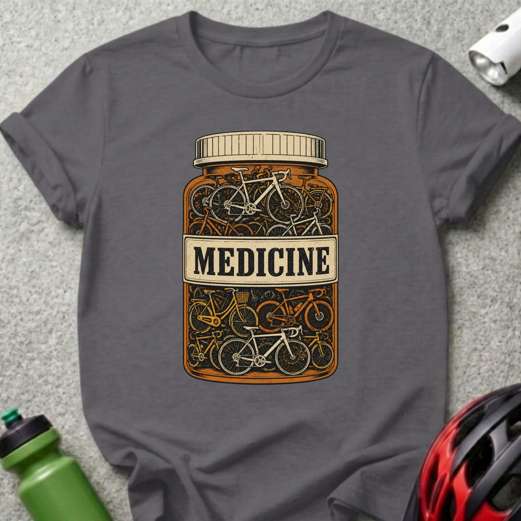 T-shirt with illustration of a medicine bottle filled with bicycles.