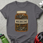 T-shirt with illustration of a medicine bottle filled with bicycles.