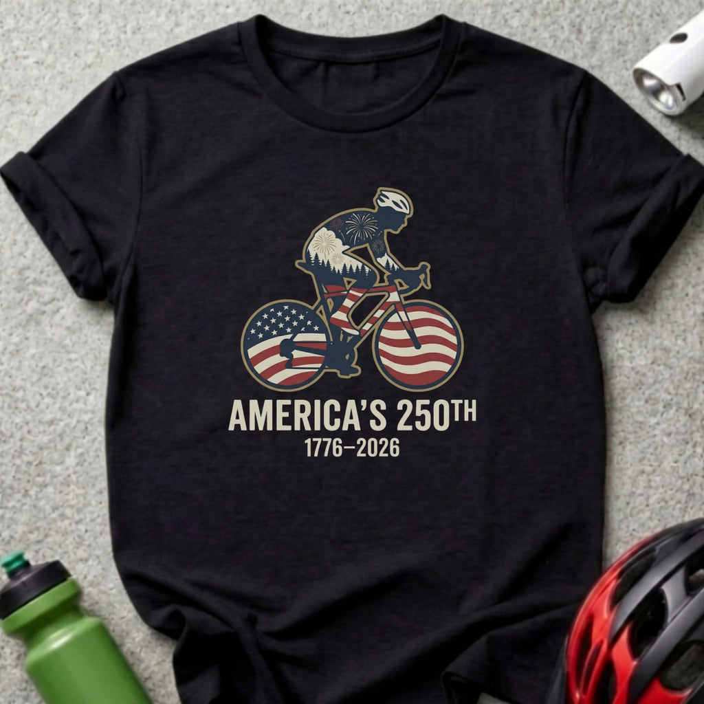Black t-shirt with cyclist graphic celebrating America's 250th anniversary.