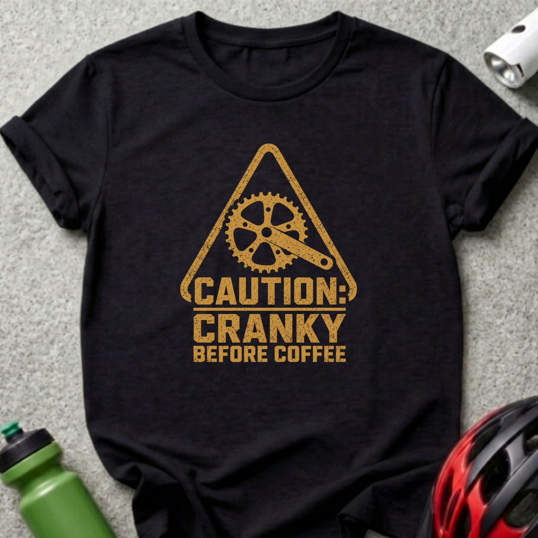 Black t-shirt with distressed graphic: "CAUTION: CRANKY BEFORE COFFEE" and bike crank.