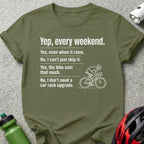 Green t-shirt with cycling humor text and cyclist illustration.