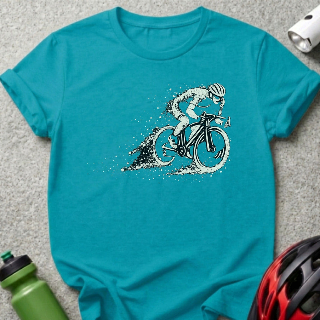 Bicycle Rider Graphic Teal T-Shirt Casual Clothing Item
