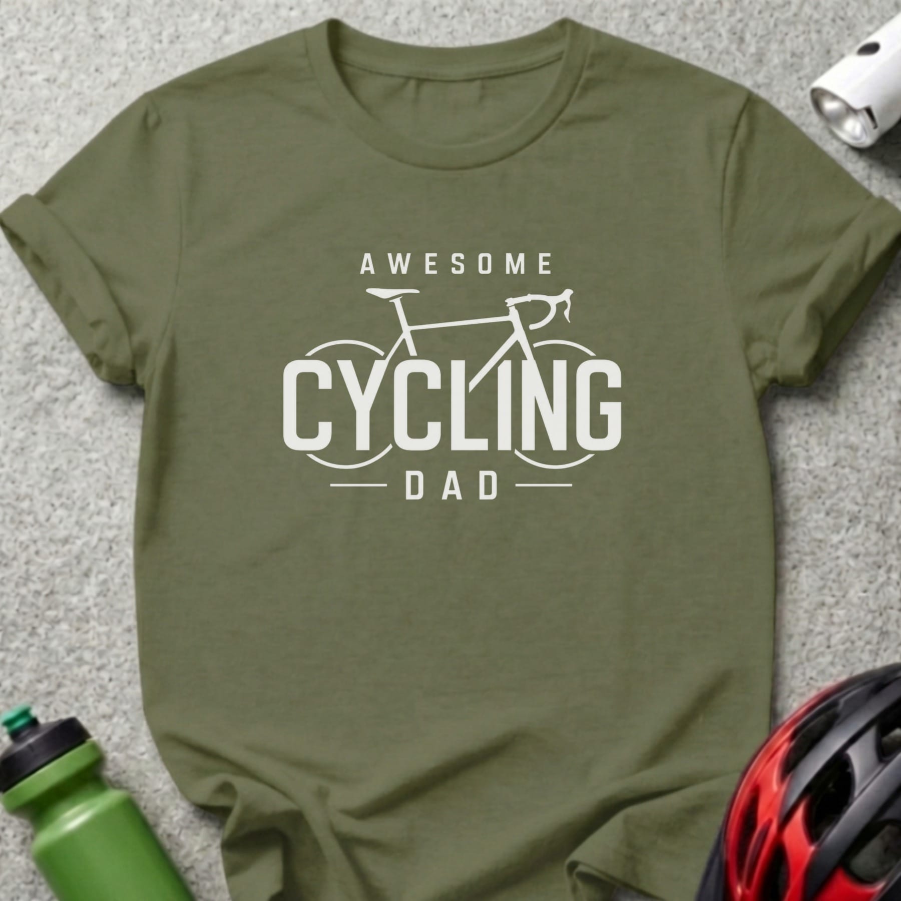 Olive green t-shirt with "Awesome Cycling Dad" text and bicycle graphic.