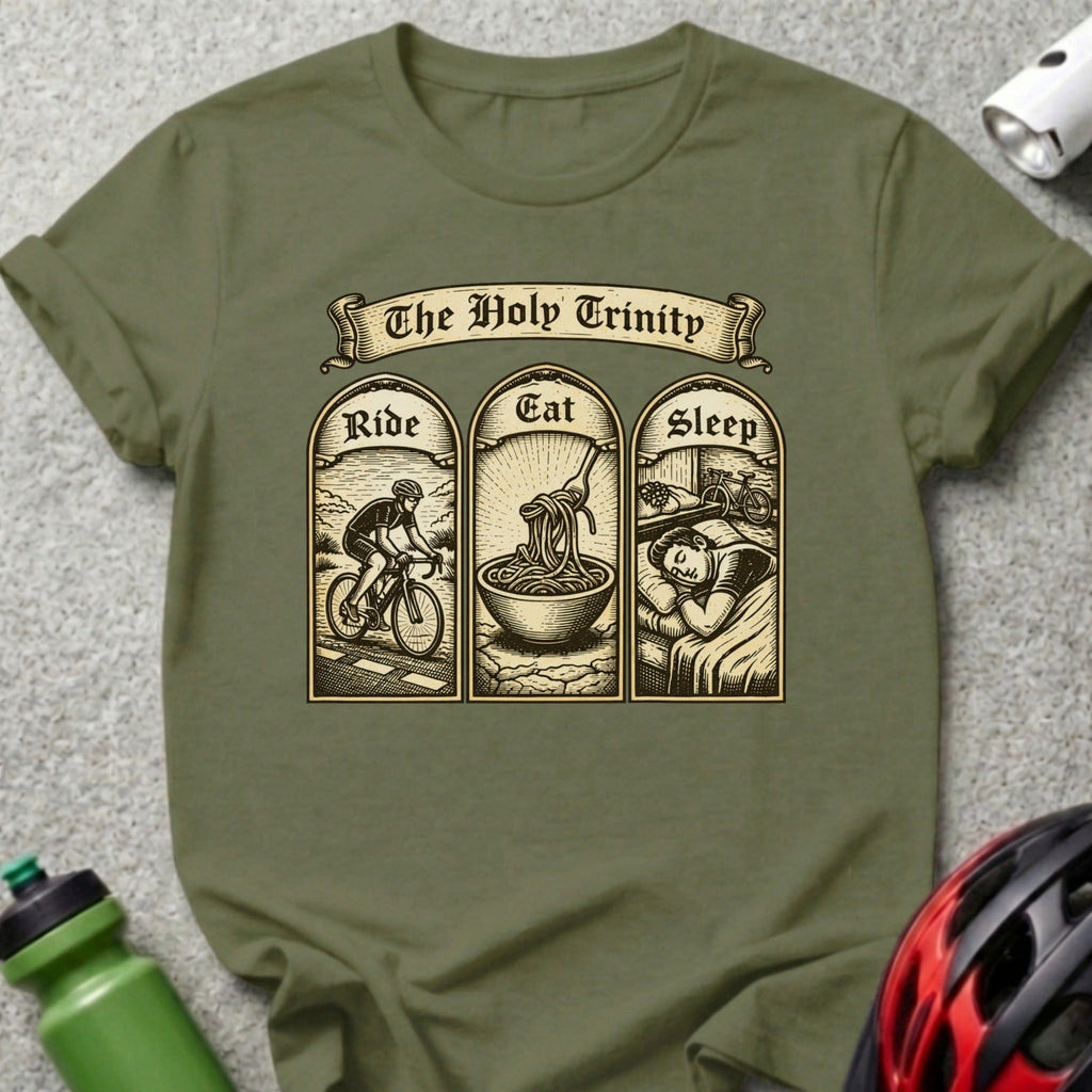 T-shirt graphic: "The Holy Trinity" text above three panels: Ride, Eat, Sleep.