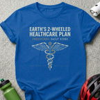 Blue t-shirt with "Earth's 2-Wheeled Healthcare Plan" and a caduceus made of bike parts.