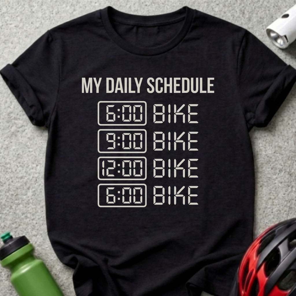 Black t-shirt with white text "MY DAILY SCHEDULE" and "6:00 BIKE", "9:00 BIKE", "12:00 BIKE", "6:00 BIKE".