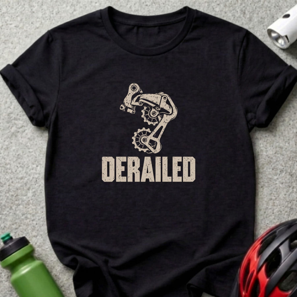 Black crewneck t-shirt featuring a distressed bicycle derailleur graphic and the word DERAILED.