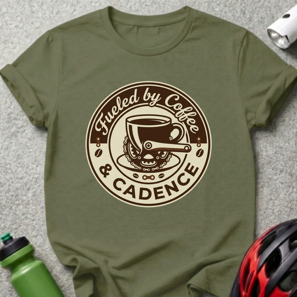 Olive green t-shirt with "Fueled by Coffee & Cadence" circular logo featuring a coffee cup and bicycle chain.
