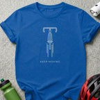 Blue t-shirt with white line art bicycle and "KEEP MOVING" text.