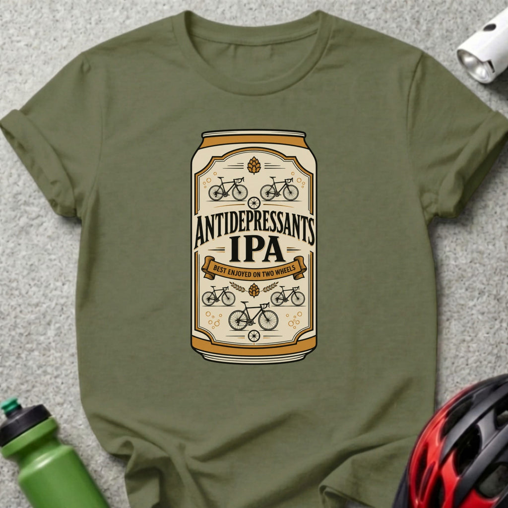 Green t-shirt with an "ANTIDEPRESSANTS IPA" beer can graphic.
