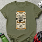 Green t-shirt with an "ANTIDEPRESSANTS IPA" beer can graphic.