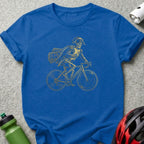 Skeleton in a bicorne hat and cape rides a bicycle.