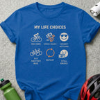 Blue t-shirt with "My Life Choices" text and bicycle-themed icons.