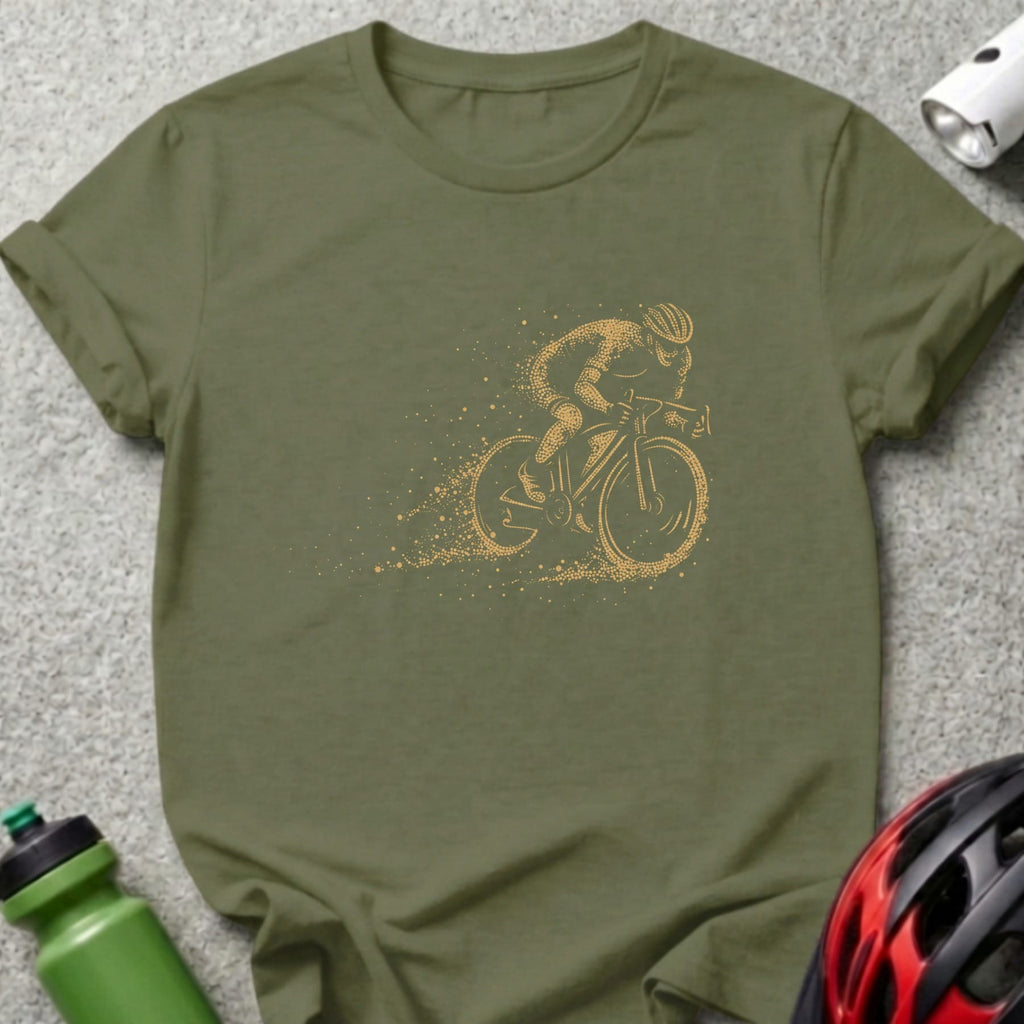 Olive green t-shirt with dotted gold cyclist graphic and motion lines.
