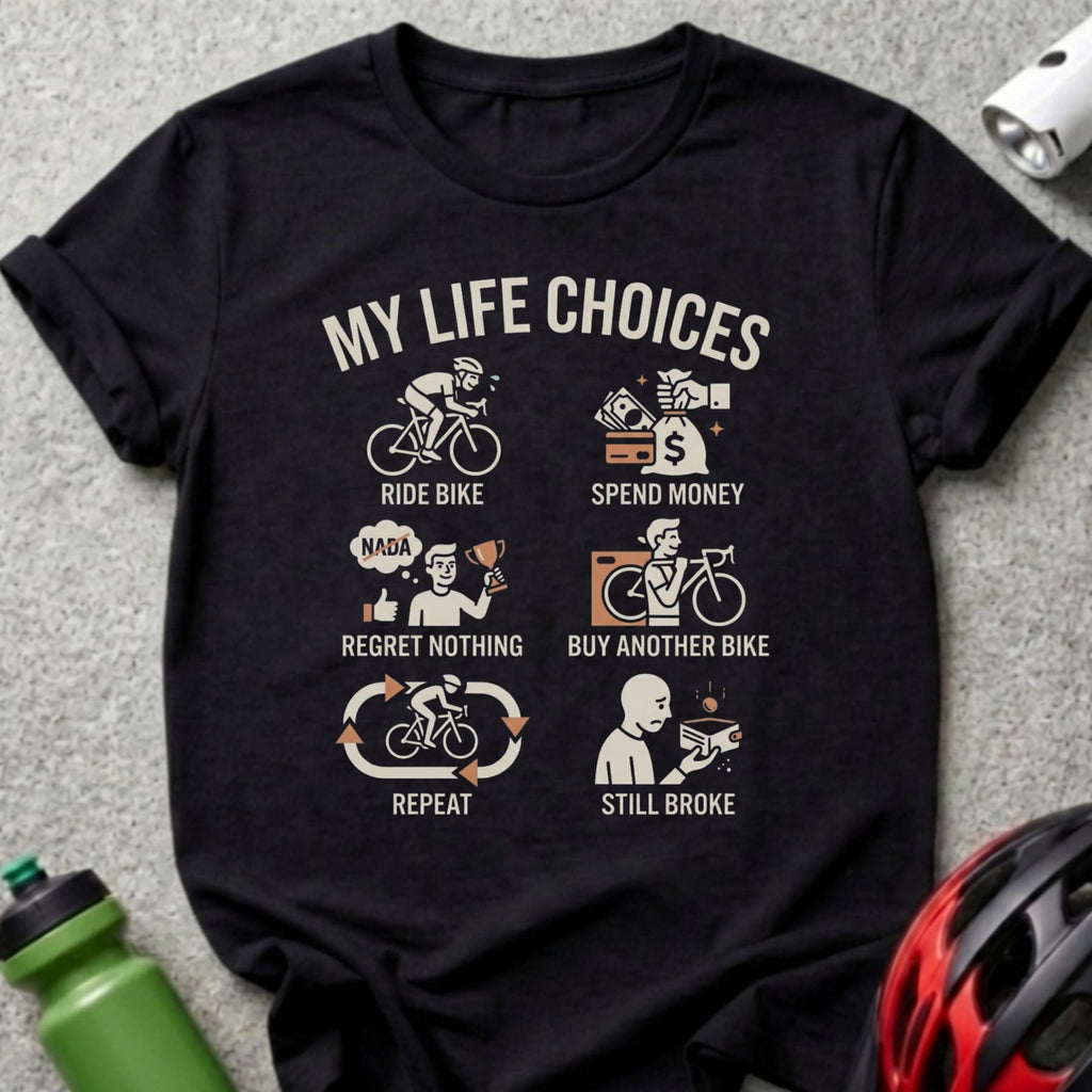 Black t-shirt displaying "My Life Choices" with four panels depicting bike riding and finances.