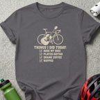 Dark gray crewneck t-shirt featuring a graphic of a bicycle, guitar, and checklist text reading Things I Did Today.