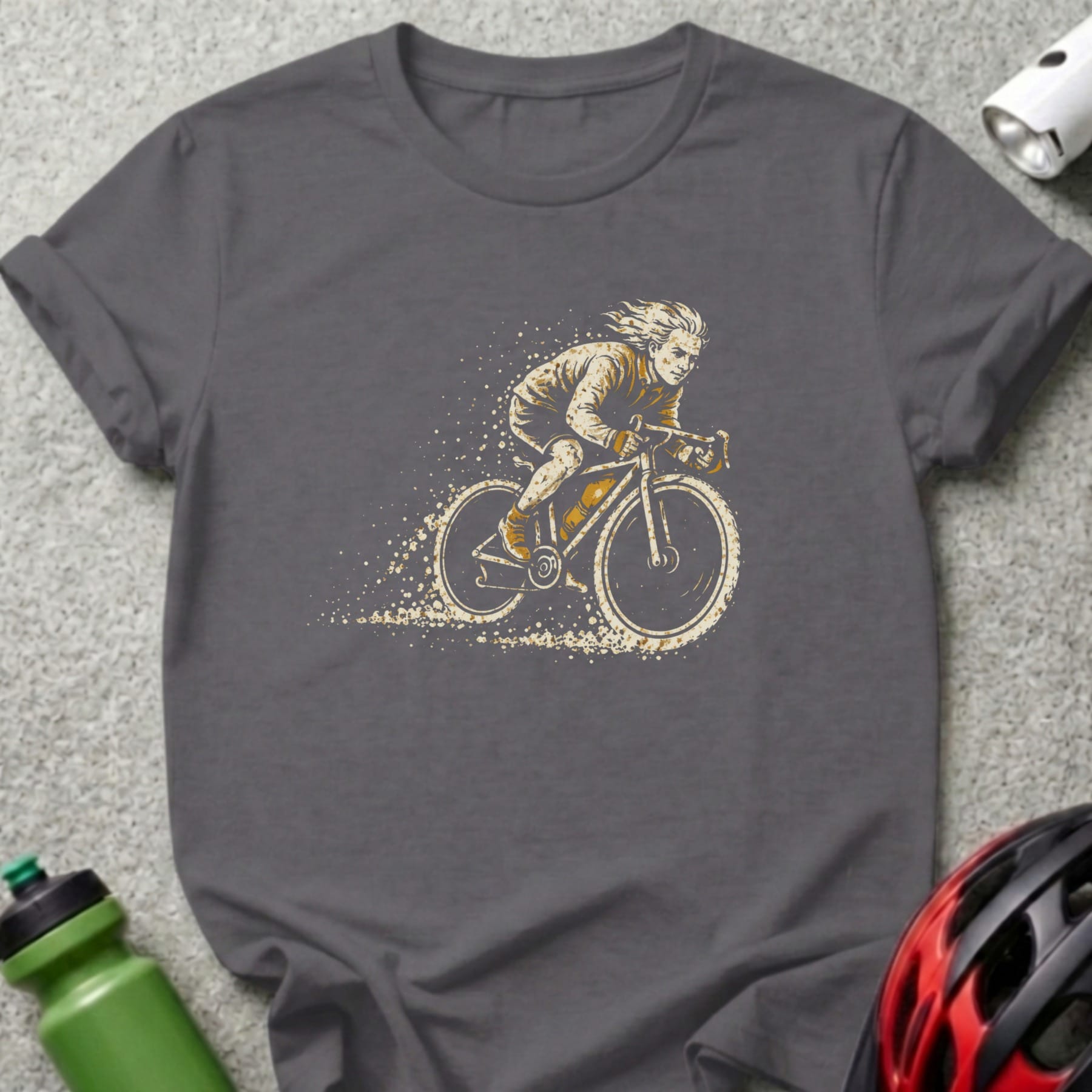 Illustration of a cyclist in motion on a dark grey t-shirt.