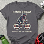 Rottweiler riding a bicycle with patriotic USA flag wheels and text.