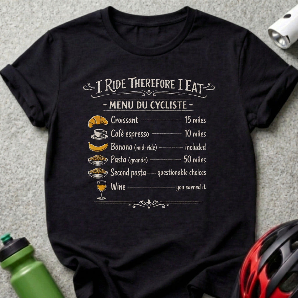 Black t-shirt with "I Ride Therefore I Eat" and cyclist's menu listing food and mileage.