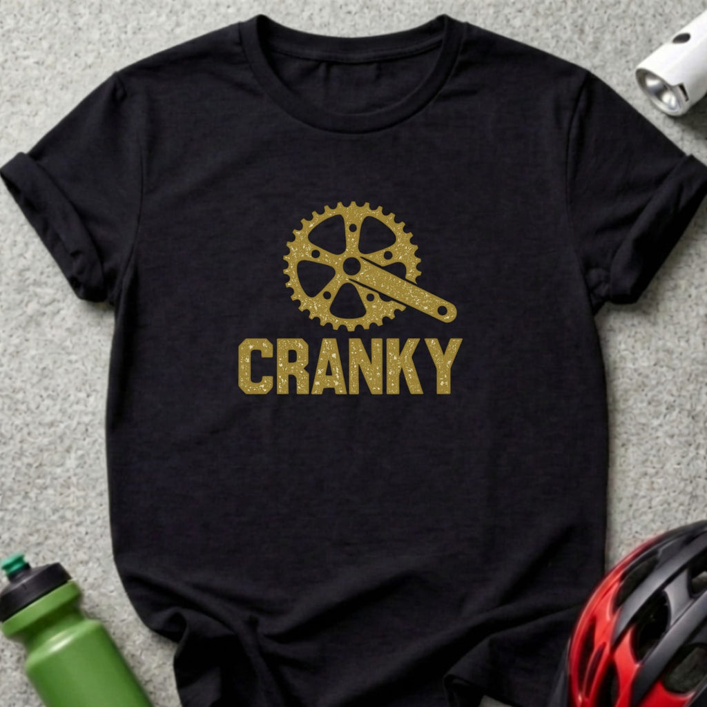 Black t-shirt with gold glitter bike crank and "CRANKY" text.