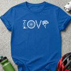 Blue t-shirt with white "LOVE" graphic made from bicycle parts.
