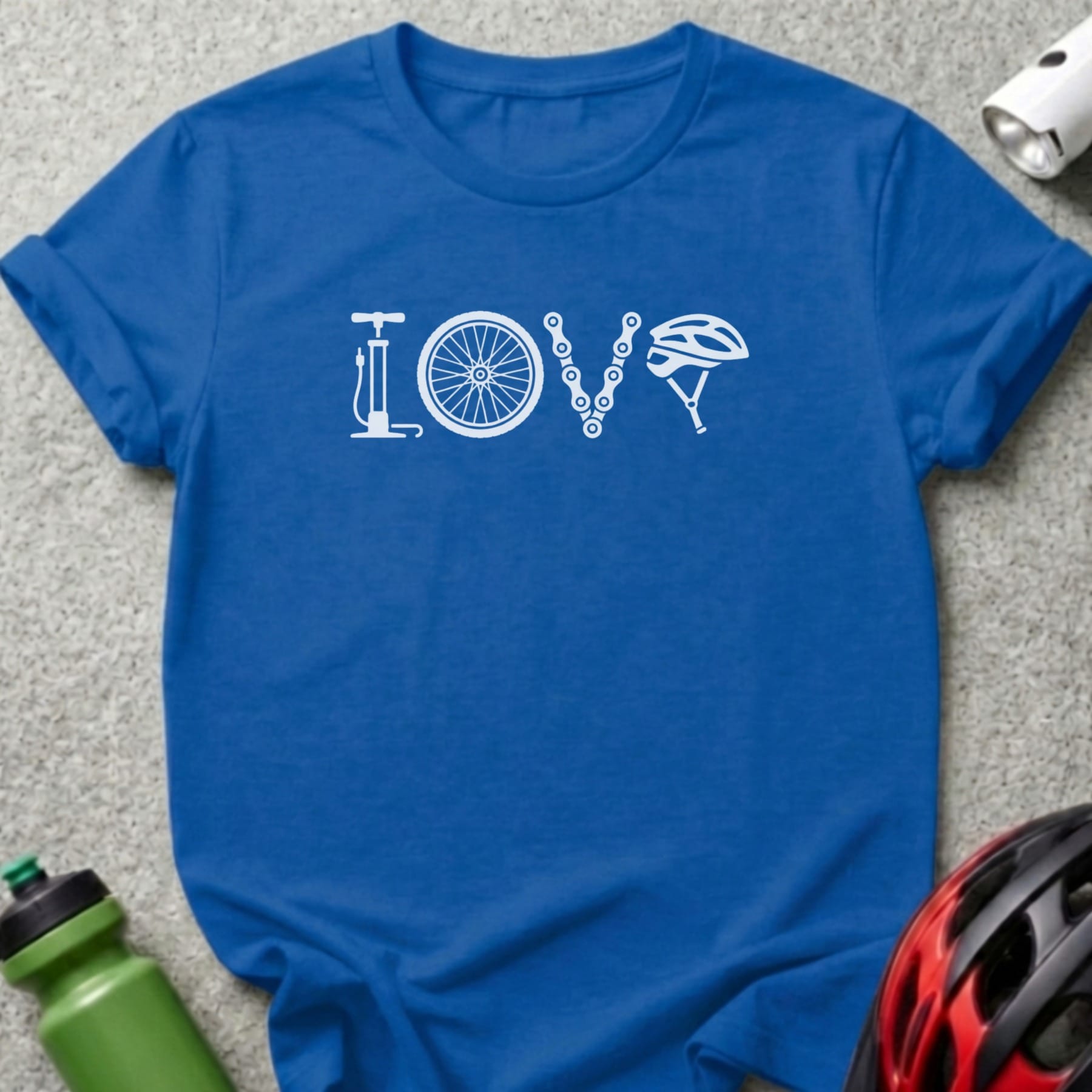 Blue t-shirt with white "LOVE" graphic made from bicycle parts.