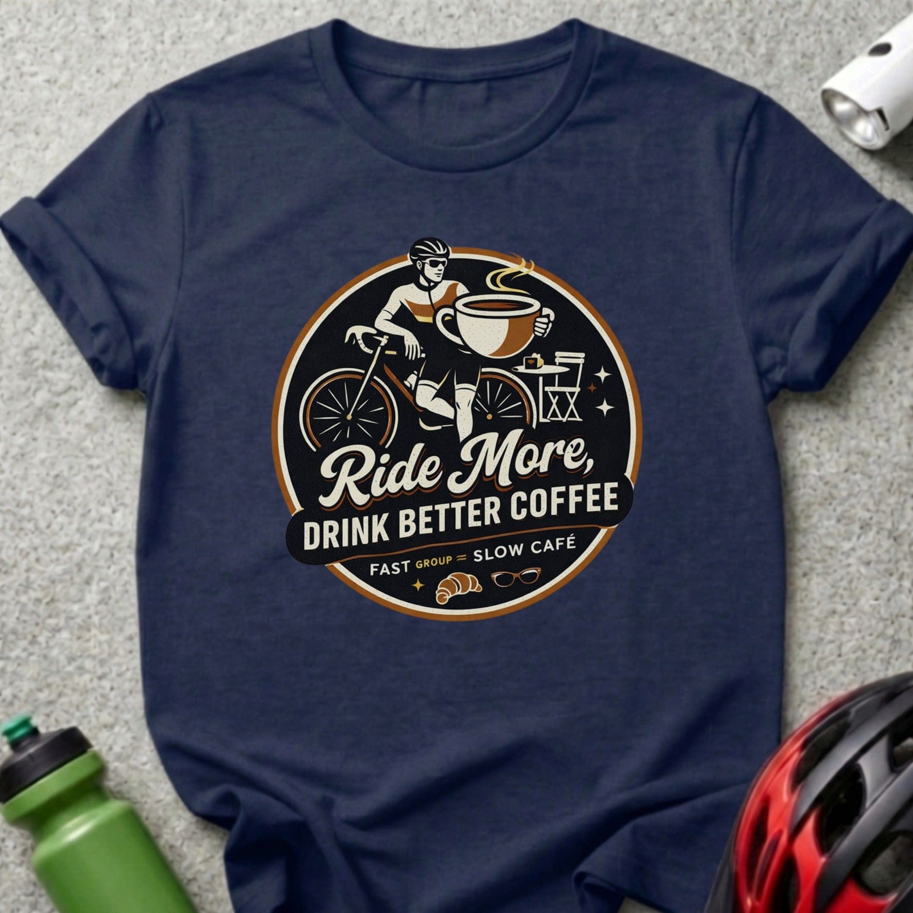 T-shirt with cyclist and coffee cup graphic, text reads "Ride More, Drink Better Coffee".