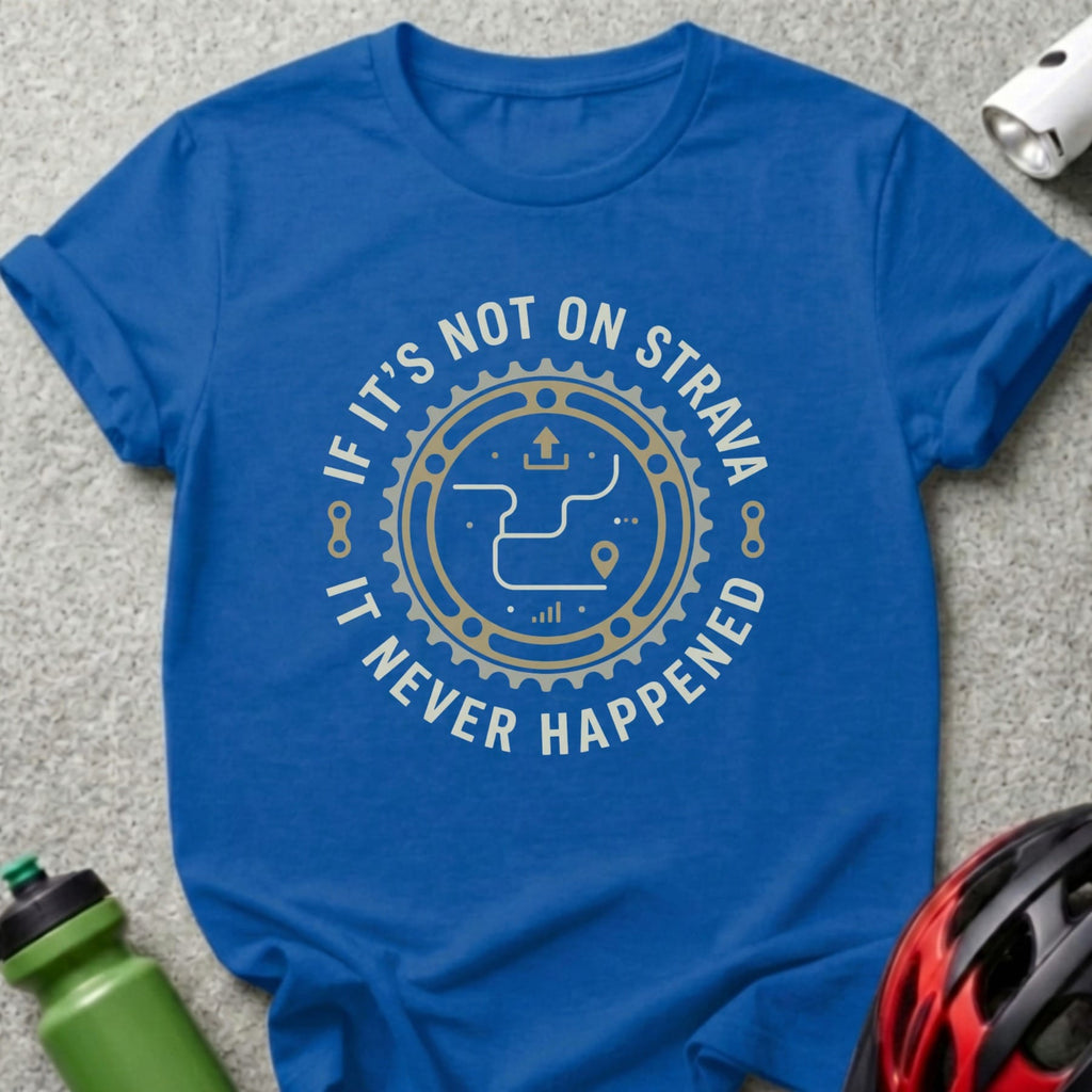 Blue t-shirt with "If it's not on Strava it never happened" text and cycling graphic.