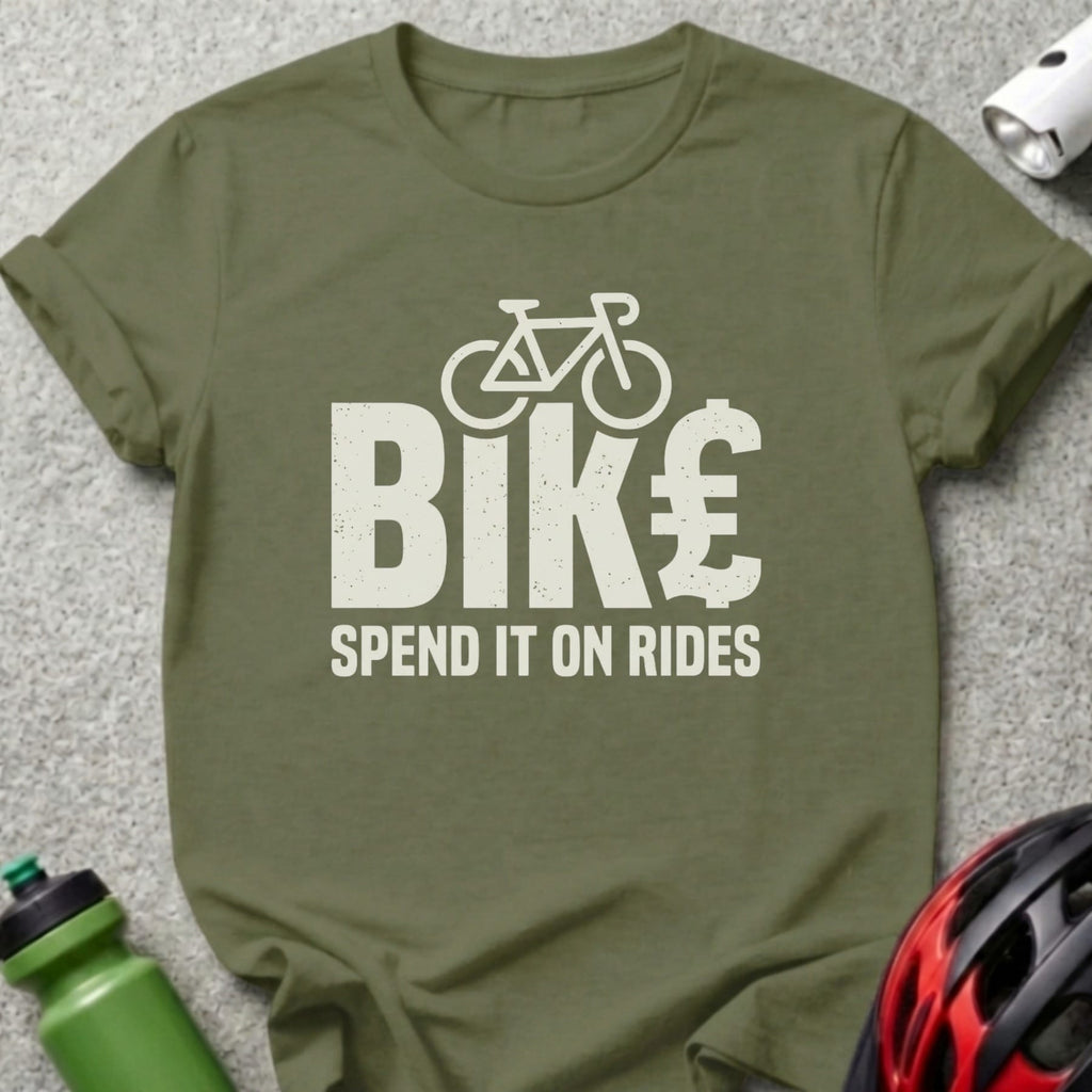 Olive green t-shirt with "BIKE" and "SPEND IT ON RIDES" text.