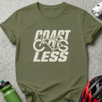 Olive green t-shirt with "Coast Less" text and a bicycle graphic.