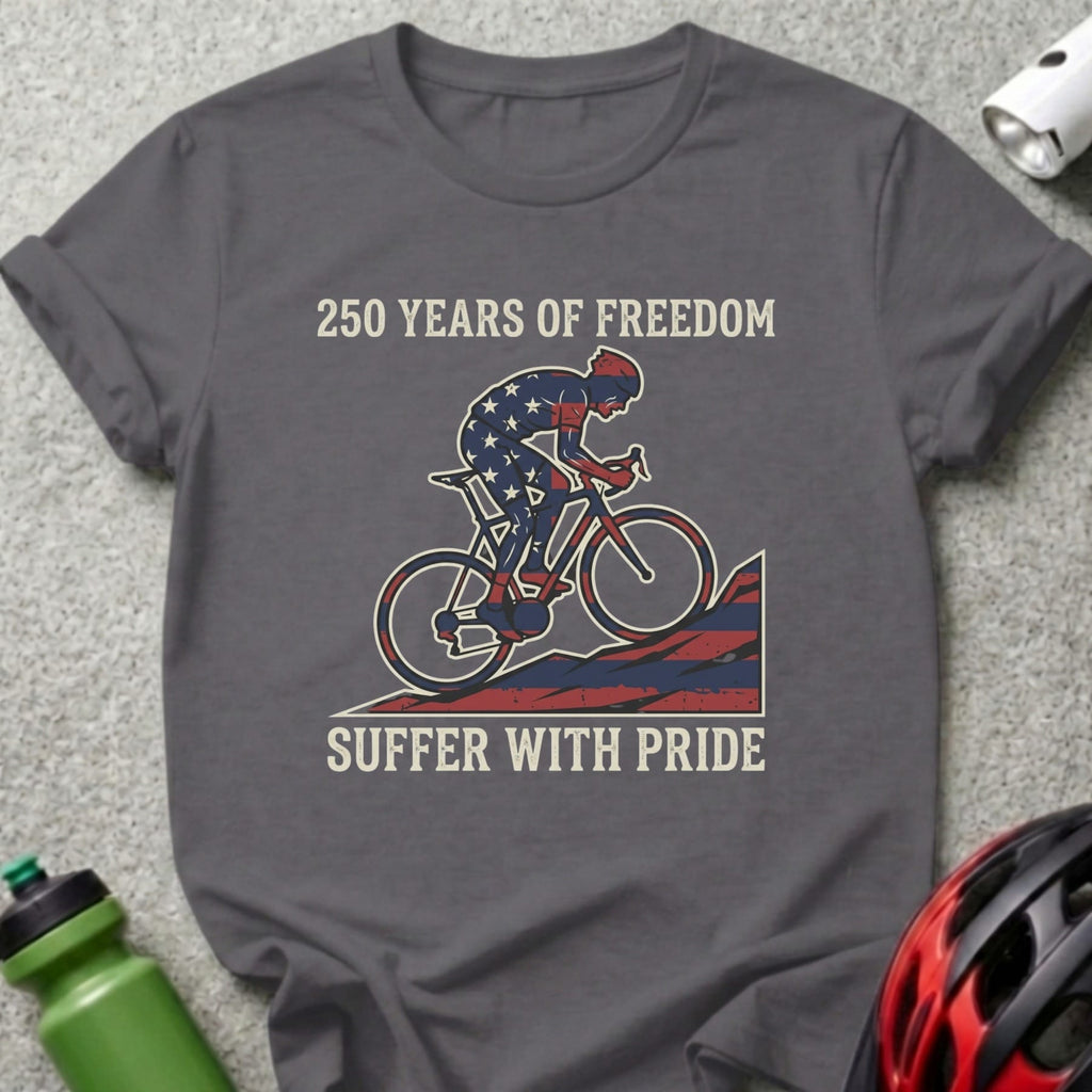 Grey t-shirt with a cyclist, American flag, and "Suffer with Pride" text.