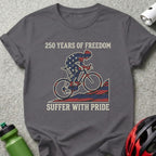 Grey t-shirt with a cyclist, American flag, and "Suffer with Pride" text.