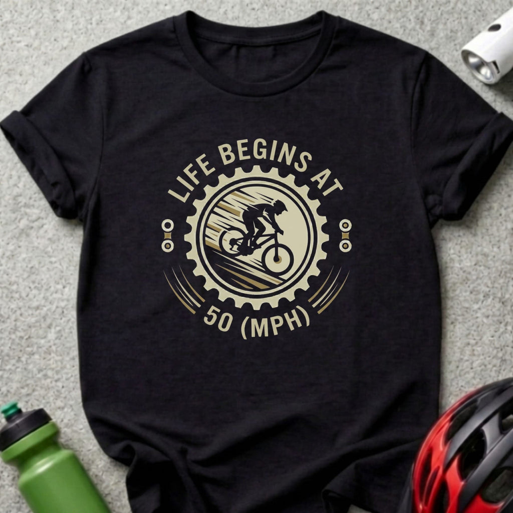 Black t-shirt with "Life Begins at 50 (MPH)" and cyclist graphic.