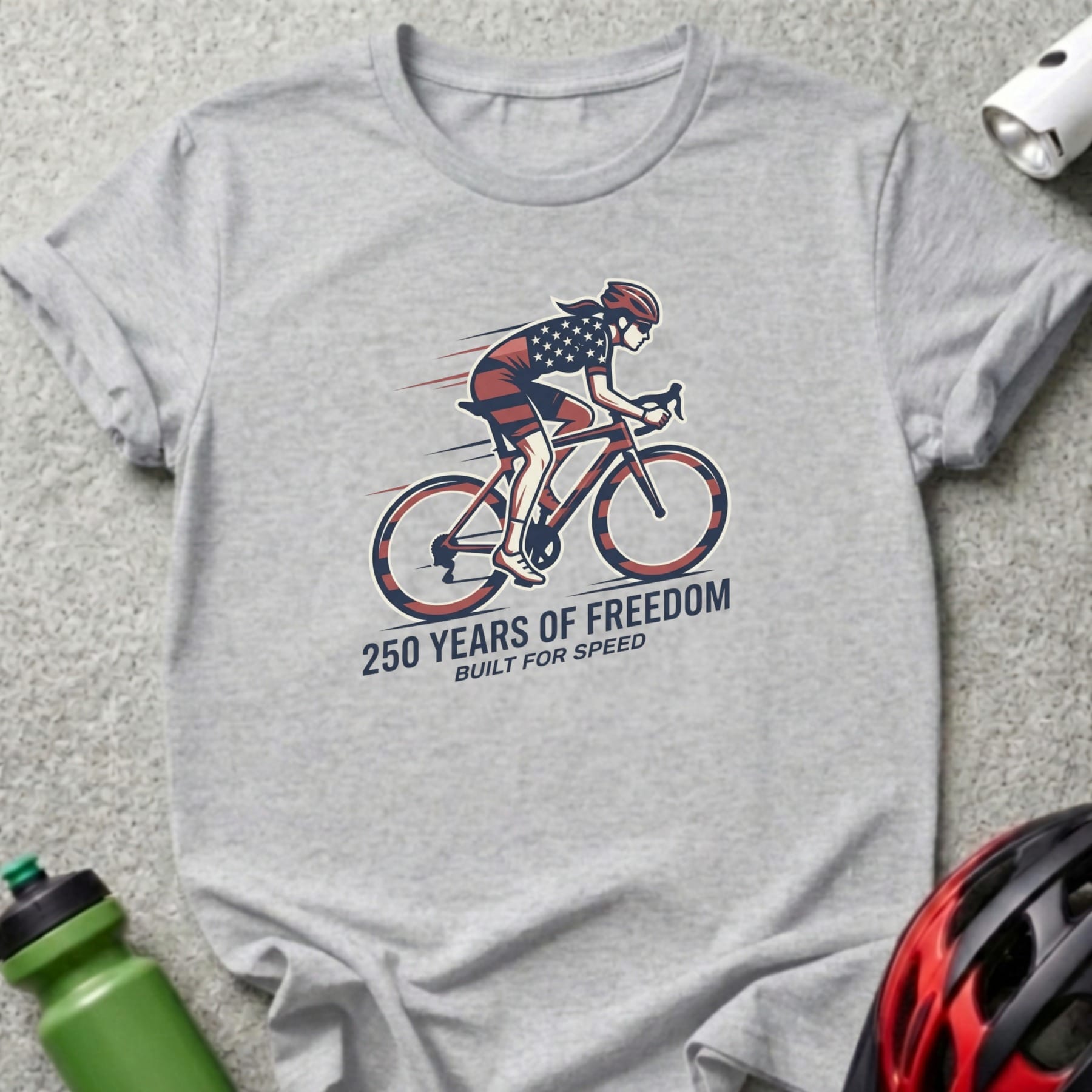 Gray t-shirt with cyclist graphic and text "250 YEARS OF FREEDOM BUILT FOR SPEED".