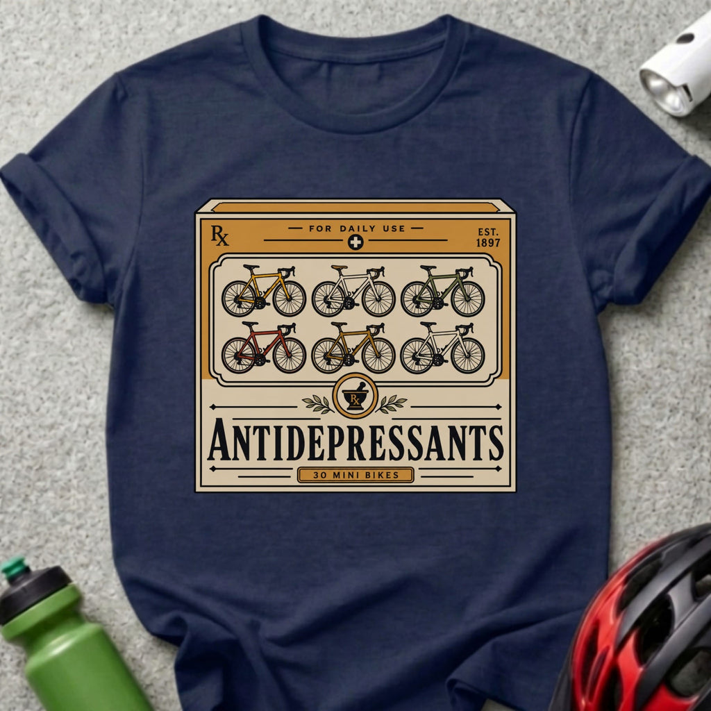 T-shirt graphic: Rx box with mini bikes labeled "ANTIDEPRESSANTS 30 MINI BIKES".