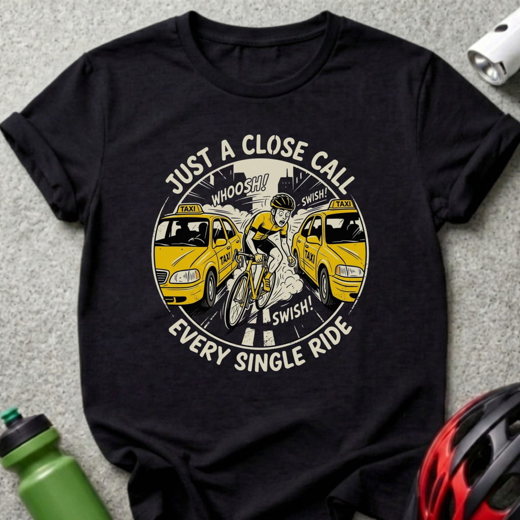Black t-shirt with cyclist between two yellow taxis and text "Just a close call every single ride".