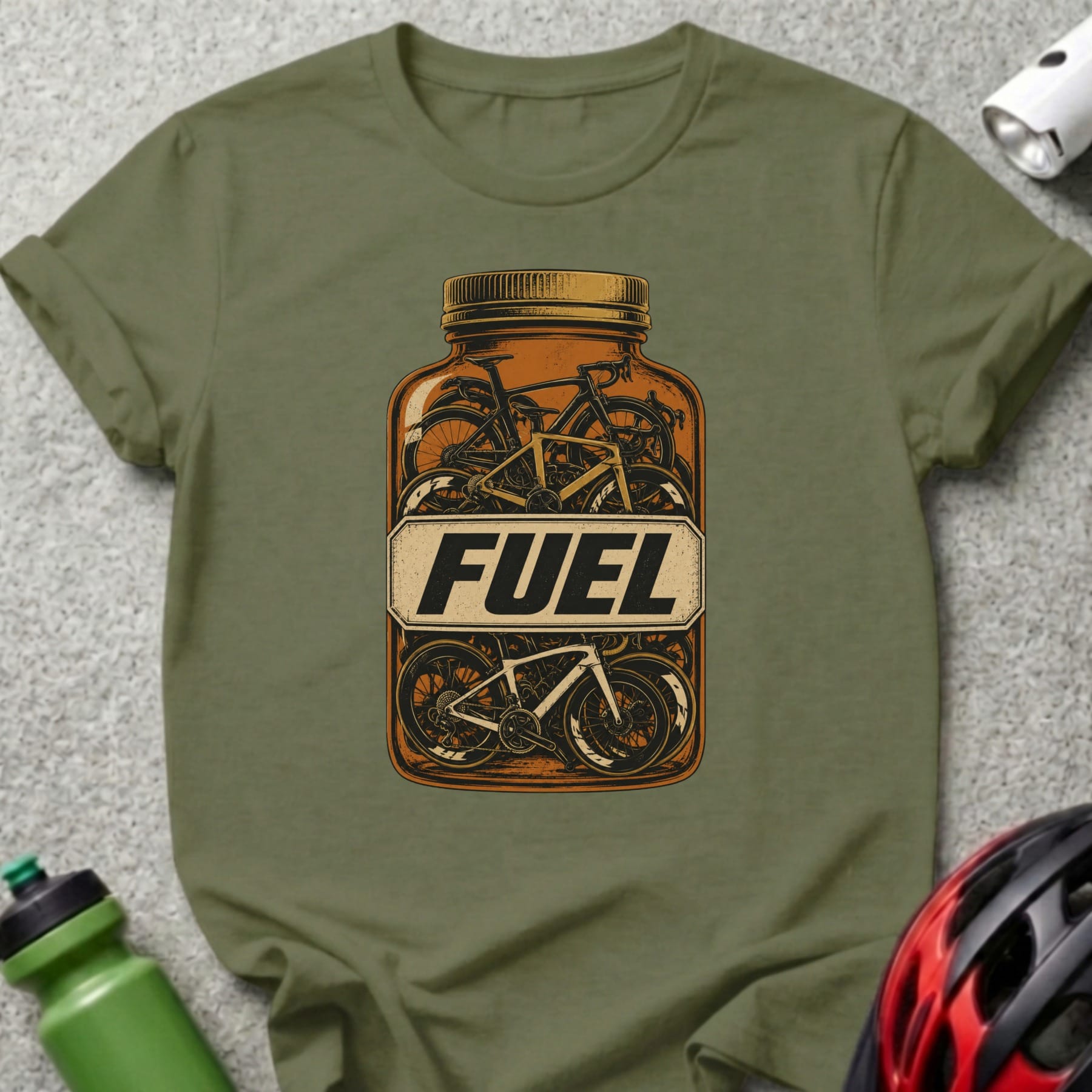 T-shirt graphic of bicycles inside a fuel jar labeled "FUEL".