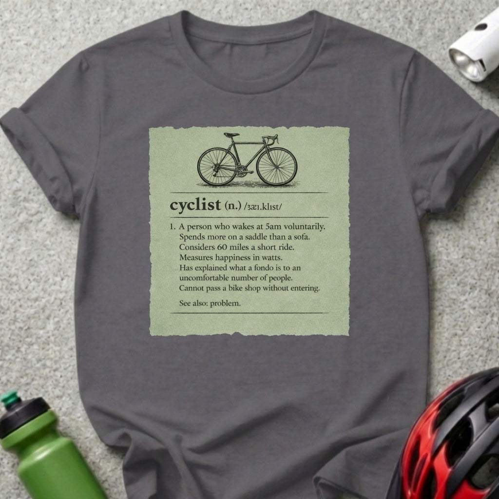 T-shirt with a dictionary definition of "cyclist" and a line drawing of a bicycle.