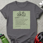 T-shirt with a dictionary definition of "cyclist" and a line drawing of a bicycle.