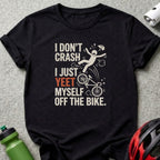 Black t-shirt with white text and graphic of person falling off bicycle.