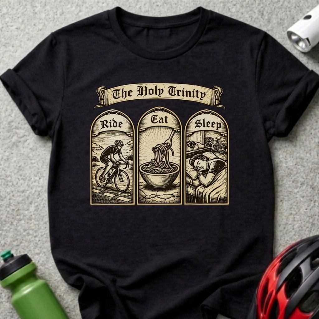 T-shirt with "The Holy Trinity: Ride, Eat, Sleep" text and illustrations.