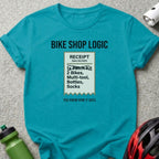 Turquoise t-shirt with "Bike Shop Logic" receipt graphic.