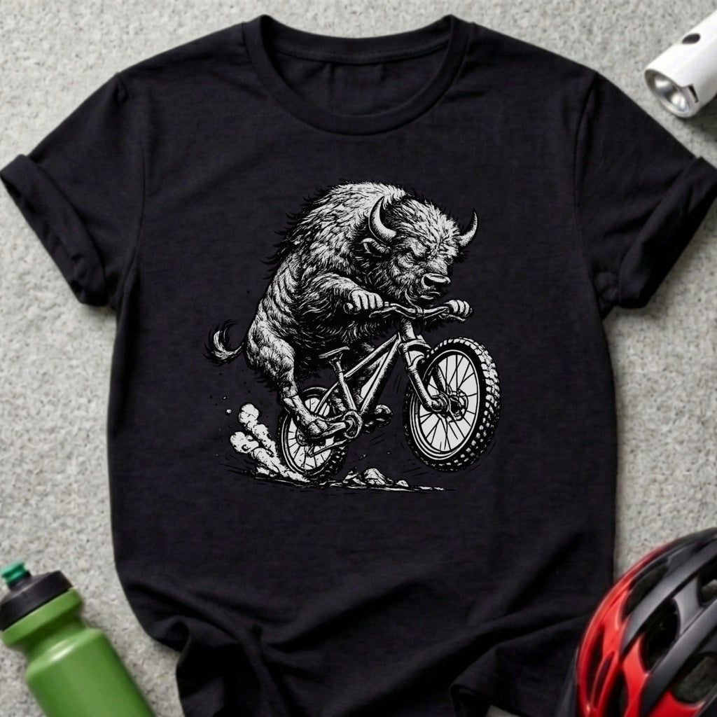 Fierce Bison Riding Bicycle Illustration T-Shirt