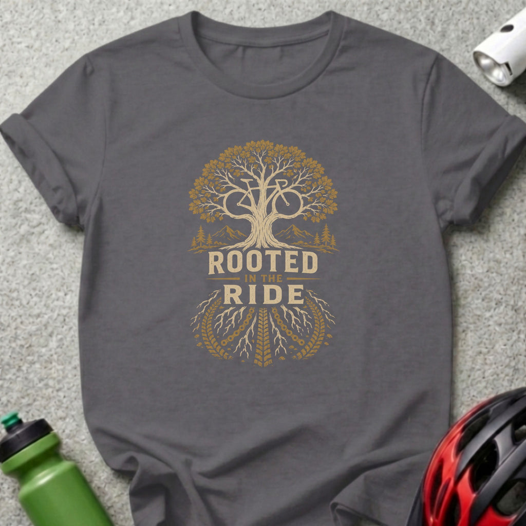 Grey t-shirt with a tree logo containing a bicycle and the text "ROOTED IN THE RIDE".