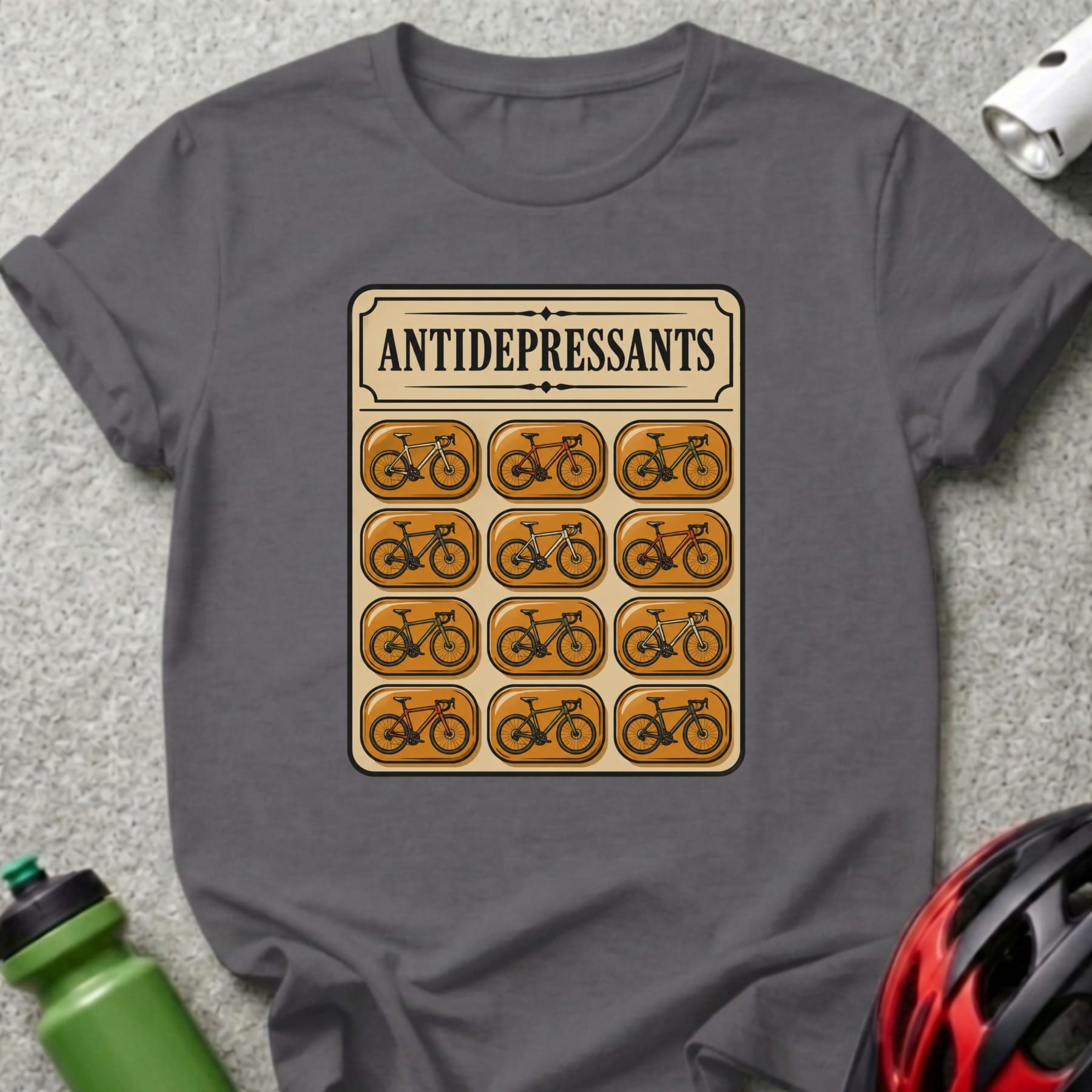 T-shirt with pill pack design labeled ANTIDEPRESSANTS, featuring bicycle illustrations.