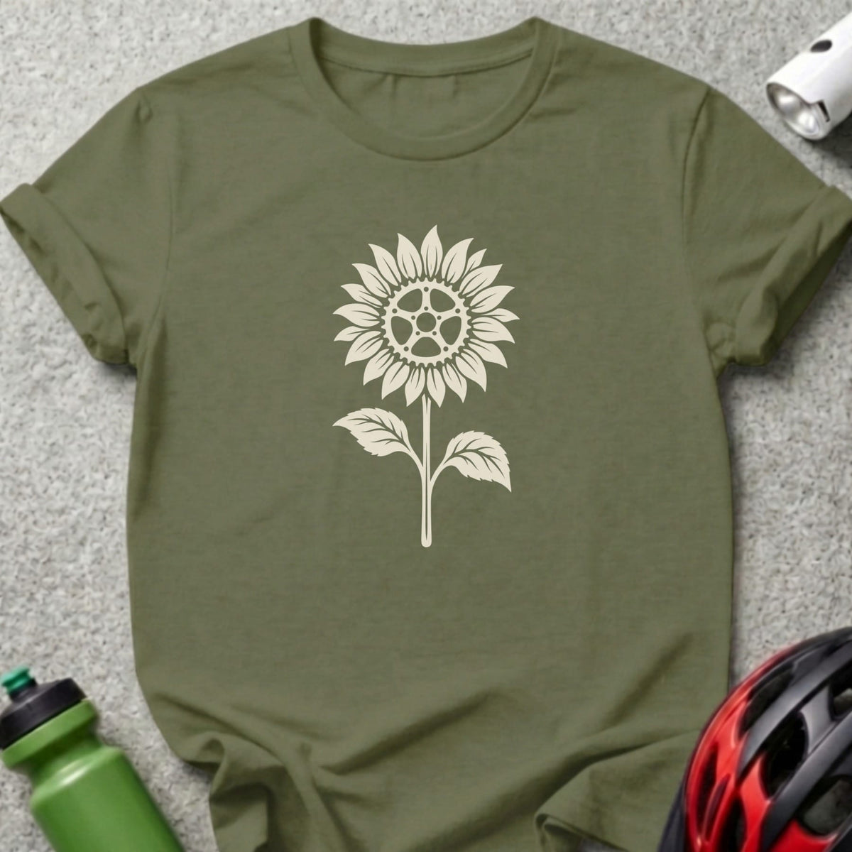 Olive green crewneck t-shirt featuring a beige sunflower graphic centered on the chest, laid flat.